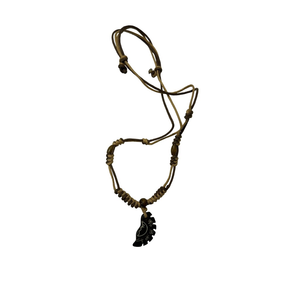 Boho Carved Moon Pendant Cord Necklace Adjustable Macrame Wood Bead